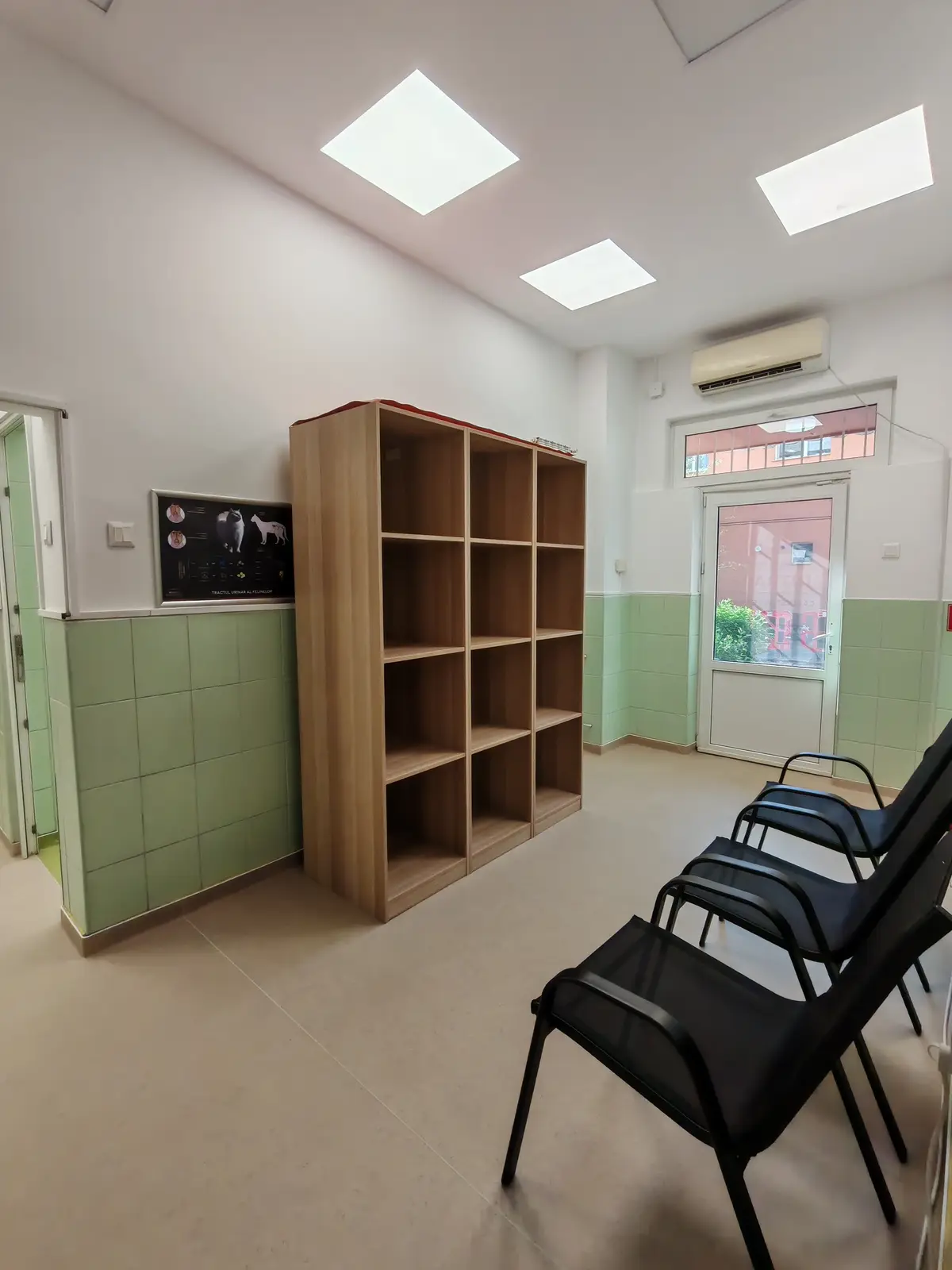 A doua intrare, în spate: o încăpere separată, cu ușă proprie spre stradă, raft înalt și scaune.